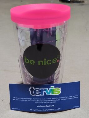 tervis Clear Travel Tumbler with Pink Lid and 'be nice' Design